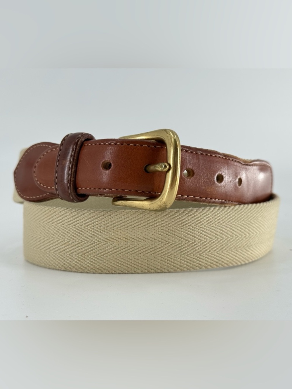 Coach Brown Leather & Cream Cotton Canvas Belt with Gold Buckle